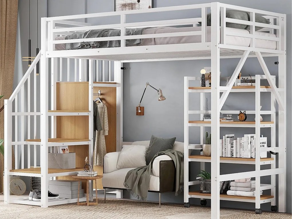 Łóżko na antresoli 90x200 cm - z półką przechowawczą i kółkami - z wieszakiem i drabiną - Metal + MDF - Biały + Naturalny