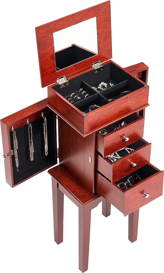 Szkatułka na Biżuterię SucceBuy z Drewnianymi Nóżkami, Skrzynia na Biżuterię z 3 Szufladami, Składane Lusterko, 4 Górne Przedziały, Rączki