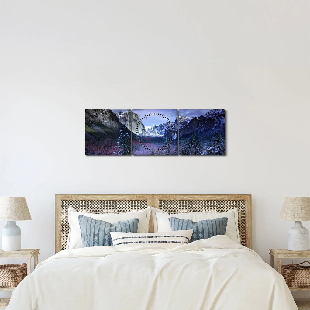 Obraz zimowego górskiego krajobrazu (z zegarem) (90x30 cm)