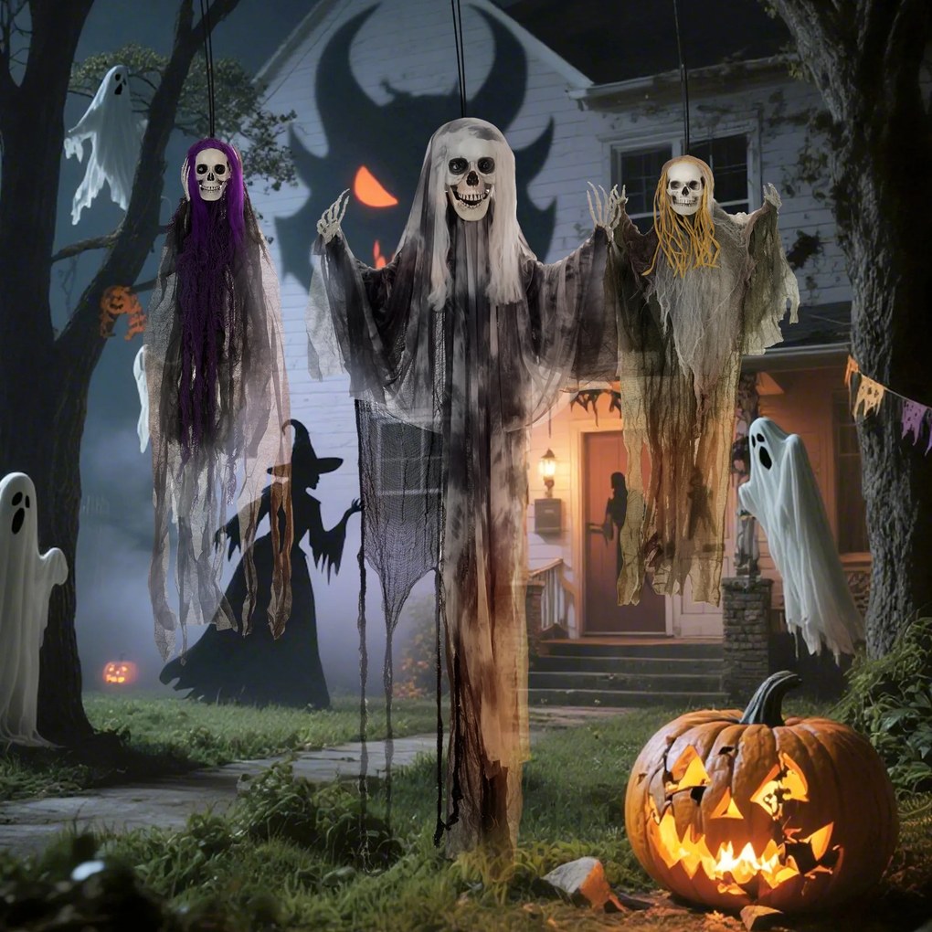 HOMCOM Wiszące Duchy-Szkielety, Zestaw 3 szt., Dekoracja na Halloween, Regulowane Ramiona, 150cm