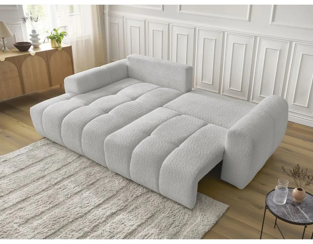 Jasnoszary rozkładany narożnik z materiału bouclé ze schowkiem (lewostronny/z szezlongiem) Roxelane – Bobochic Paris
