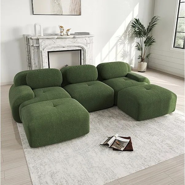 Modułowa sofa narożna 3-osobowa - z Welur - z 3 poduszkami i 2 pufami - 298x178x75cm - Zielony