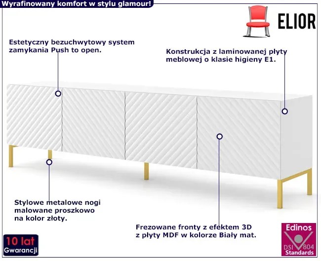 Szafka rtv z półkami biały mat + złote nóżki - Resa 7X