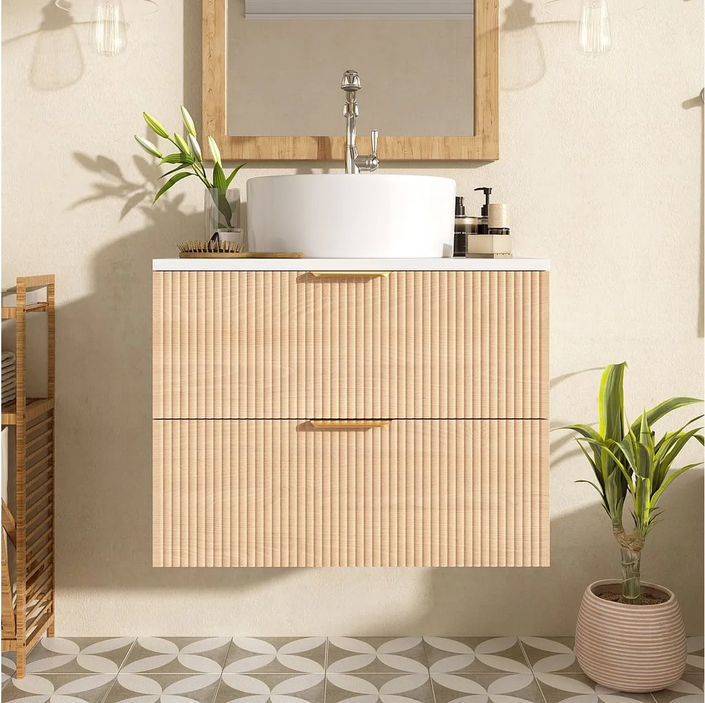 Wiszące meble łazienkowe - z okrągłą ceramiczną umywalką - wygląd słoi drewna - z 2 szufladami - biały + Naturalny​ (kran nie jest wliczony w cenę)