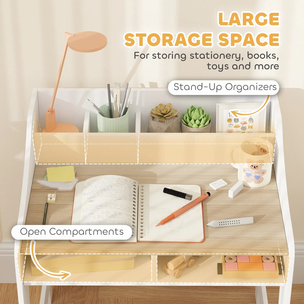 AIYAPLAY Zestaw biurka dla dzieci z miejscem do przechowywania, otwarte półki, krzesło, 3-8 lat, drewno