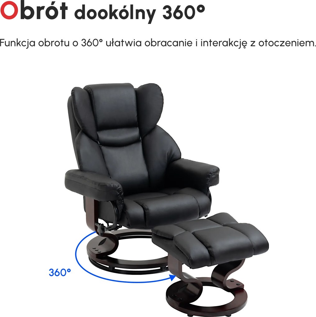 HOMCOM Fotel relaksacyjny z obrotowym pufem funkcja leżenia do oglądania TV ekoskóra czarny | Aosom PL