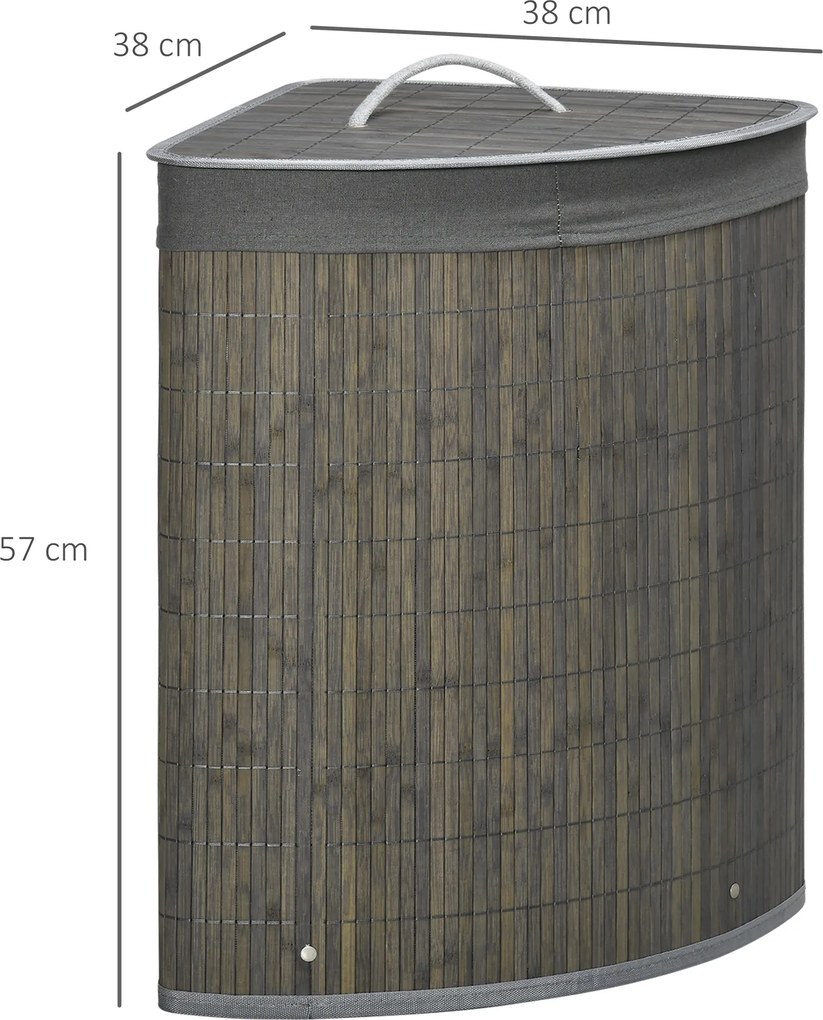 HOMCOM 55 L Kosz na pranie z pokrywą i uchwytami, Sorter prania z wyjmowanym workiem dla łazienki, Bambus, Szary