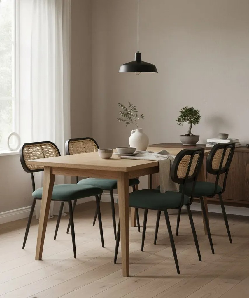 Zielone krzesło z rattanem w stylu boho D9-D45