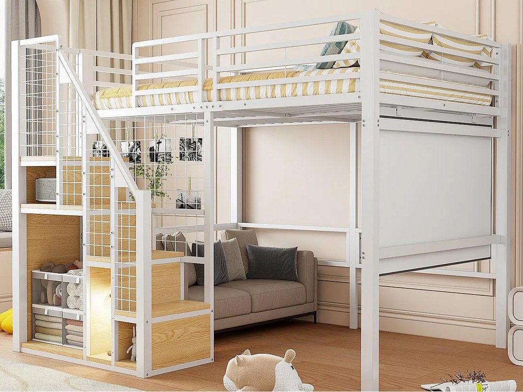 Łóżko mezzanine dla dzieci 140x200cm - z drabiną zabezpieczającą i schowkami - Białe