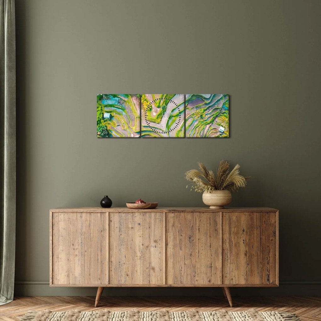 Obraz pól ryżowych z lotu ptaka (z zegarem) (90x30 cm)