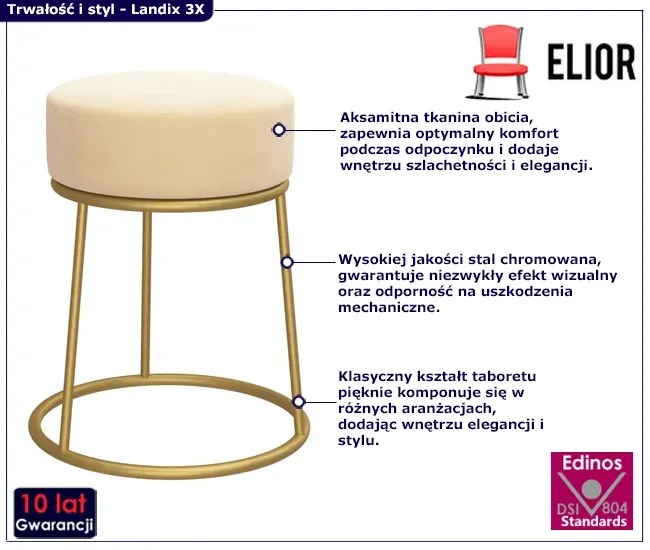 Kremowy welurowy taboret okrągły glamour - Viena 3X