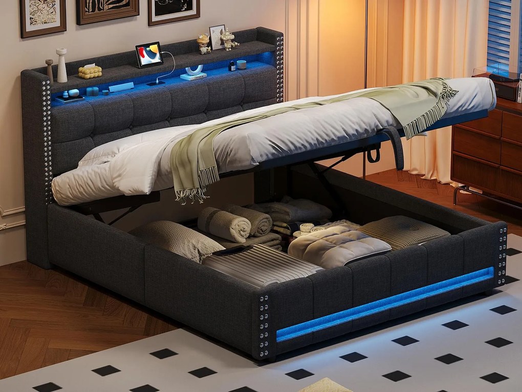 Łóżko z pojemnikiem 160x200cm z lnu - z LED i gniazdem USB - z stelażem na listwy - Szare