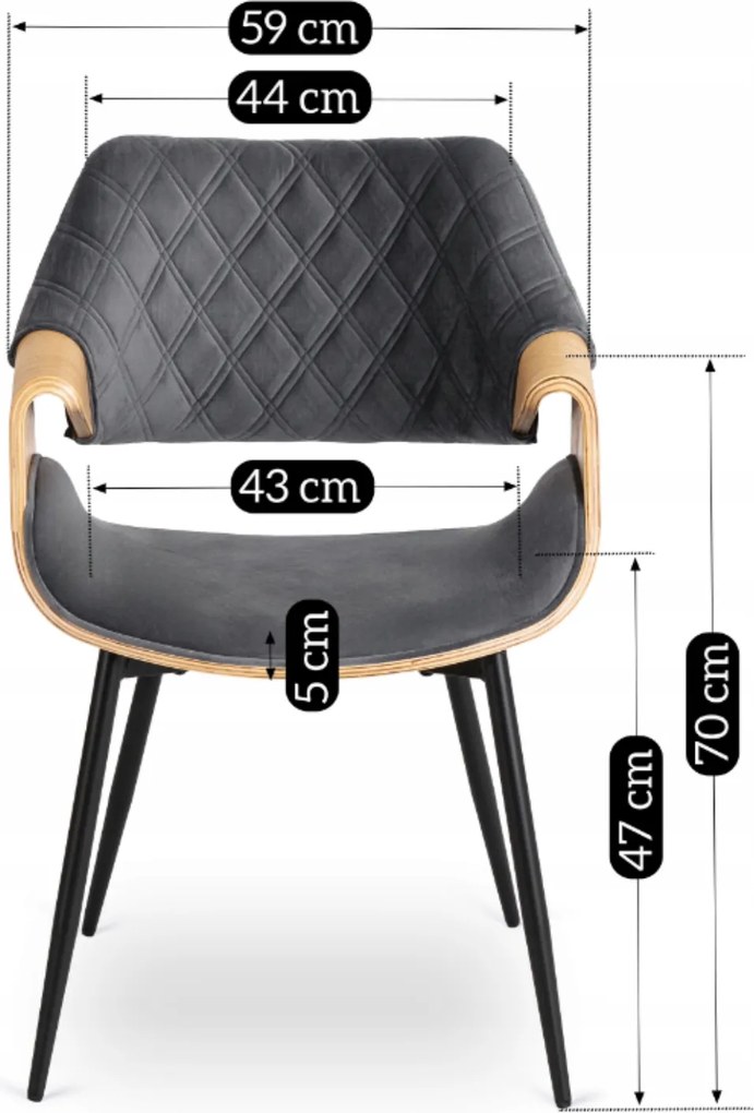 Krzesło Tapicerowane z Drewna Giętego do Salonu DAKOTA Szare/Dąb Złoty Welurowe Nowoczesne Loft