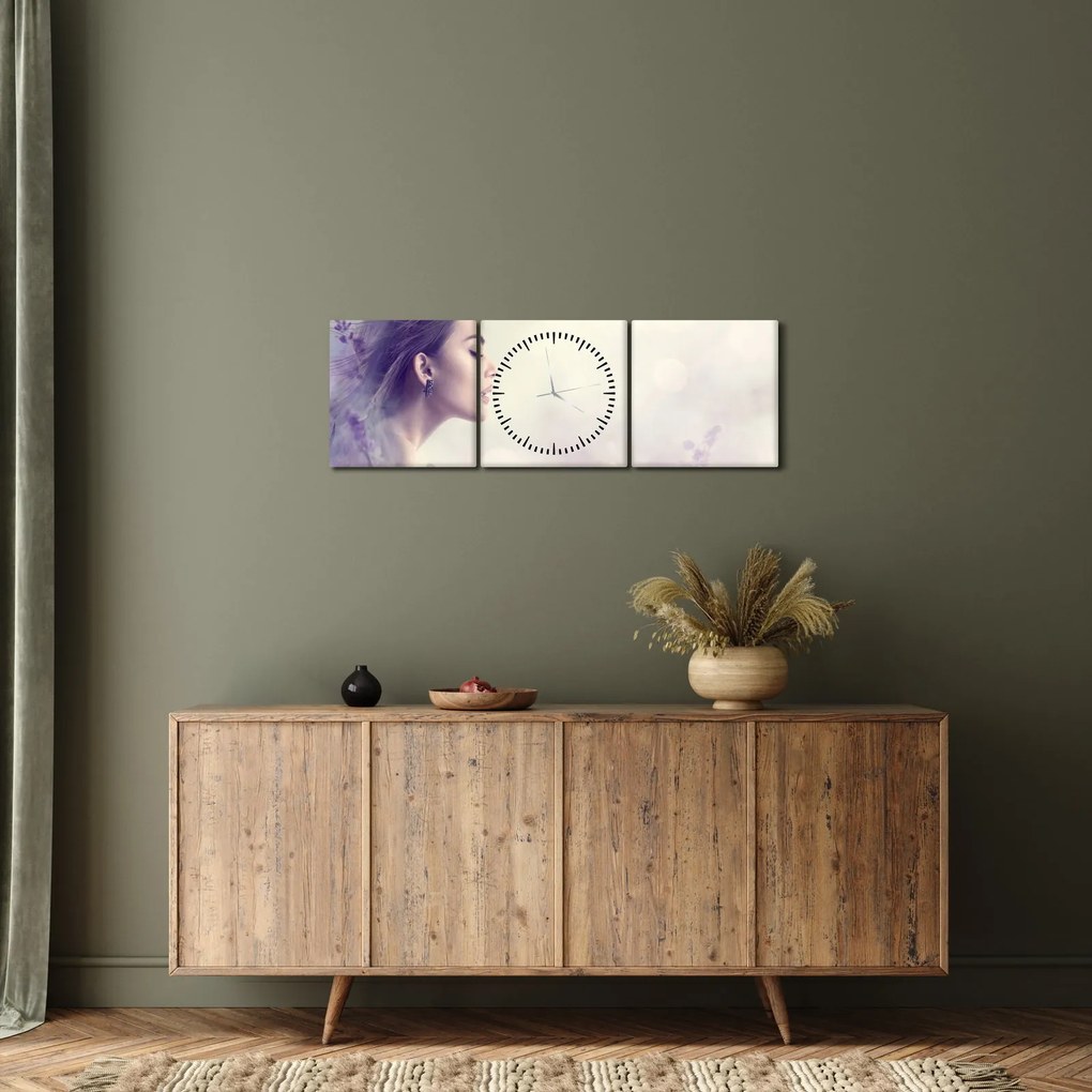 Obraz kobiety z lawendą (z zegarem) (90x30 cm)
