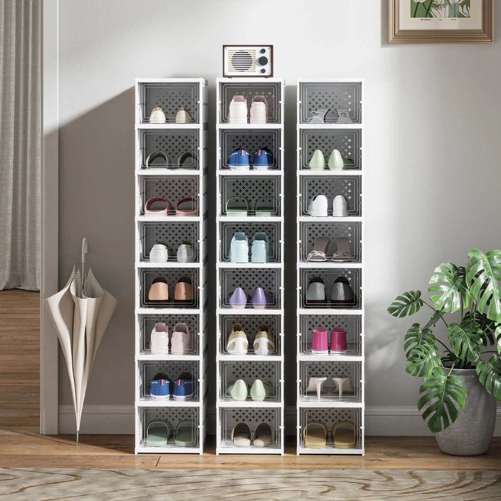 HOMCOM Regał na Buty 8-Poziomowy, Składany, z Wentylowanym Tyłem, Plastikowy, Biały