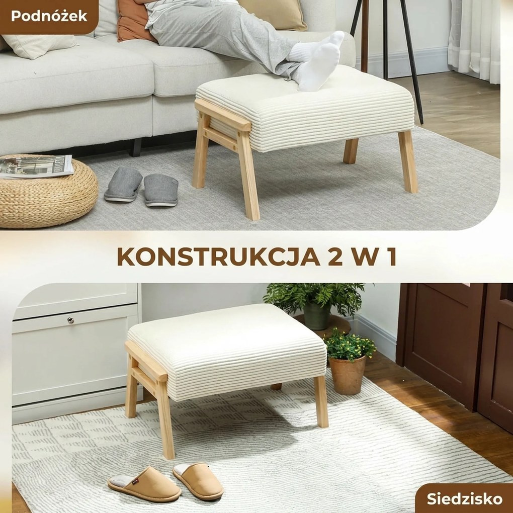 HOMCOM Pufa z miękkim siedziskiem, drewniane nogi, hoker w stylu kordonowym Kremowy