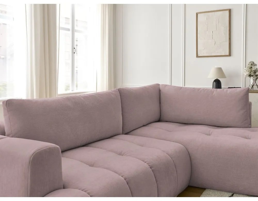 Różowy rozkładany/ze schowkiem narożnik (prawostronny/w kształcie litery L) Fuji – Bobochic Paris