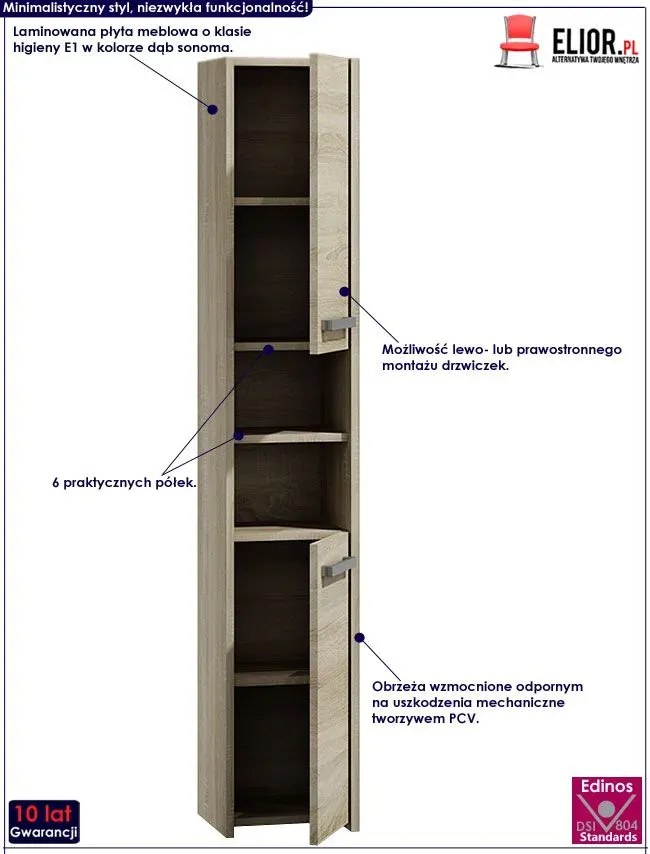 Wąska skandynawska szafka łazienkowa z otwartą tosca półką 3x dąb sonoma D5-E31