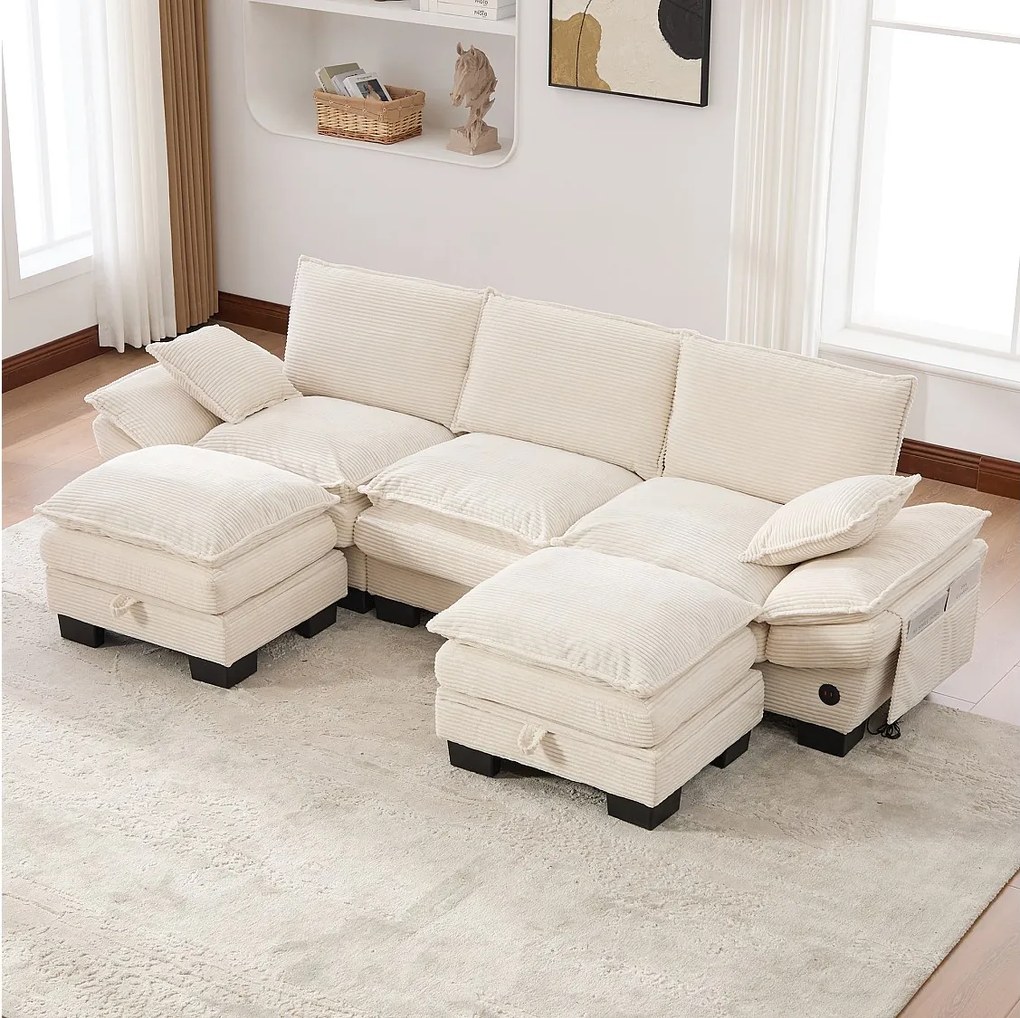 Zestaw wypoczynkowy z tkaniny sztruksowej 3-osobowy - 260 x 132 x 84 cm - z 2 pufami ze schowkiem + port USB + kieszenie - beżowy