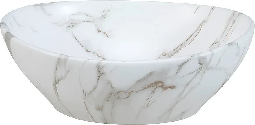 Biała okrągła umywalka ceramiczna z motywem marmuru R5-C11