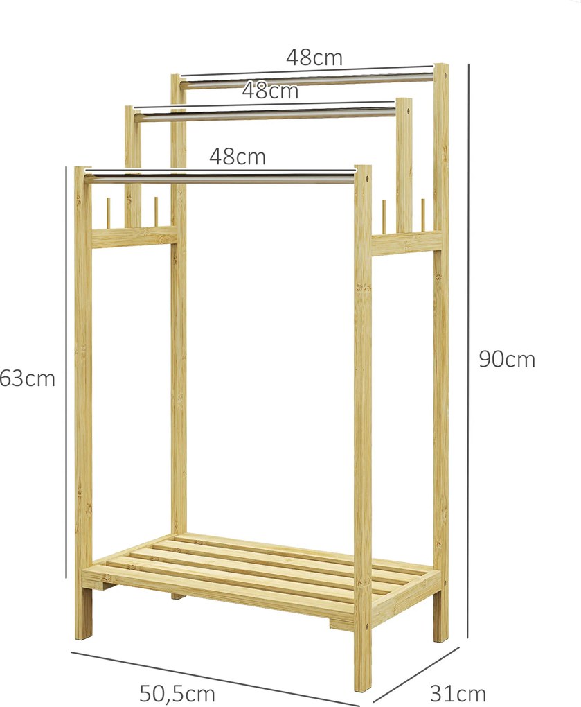 HOMCOM Stojak na ręczniki, wolnostojący, 3 pręty, bambus/stal, 50,5x31x90cm
