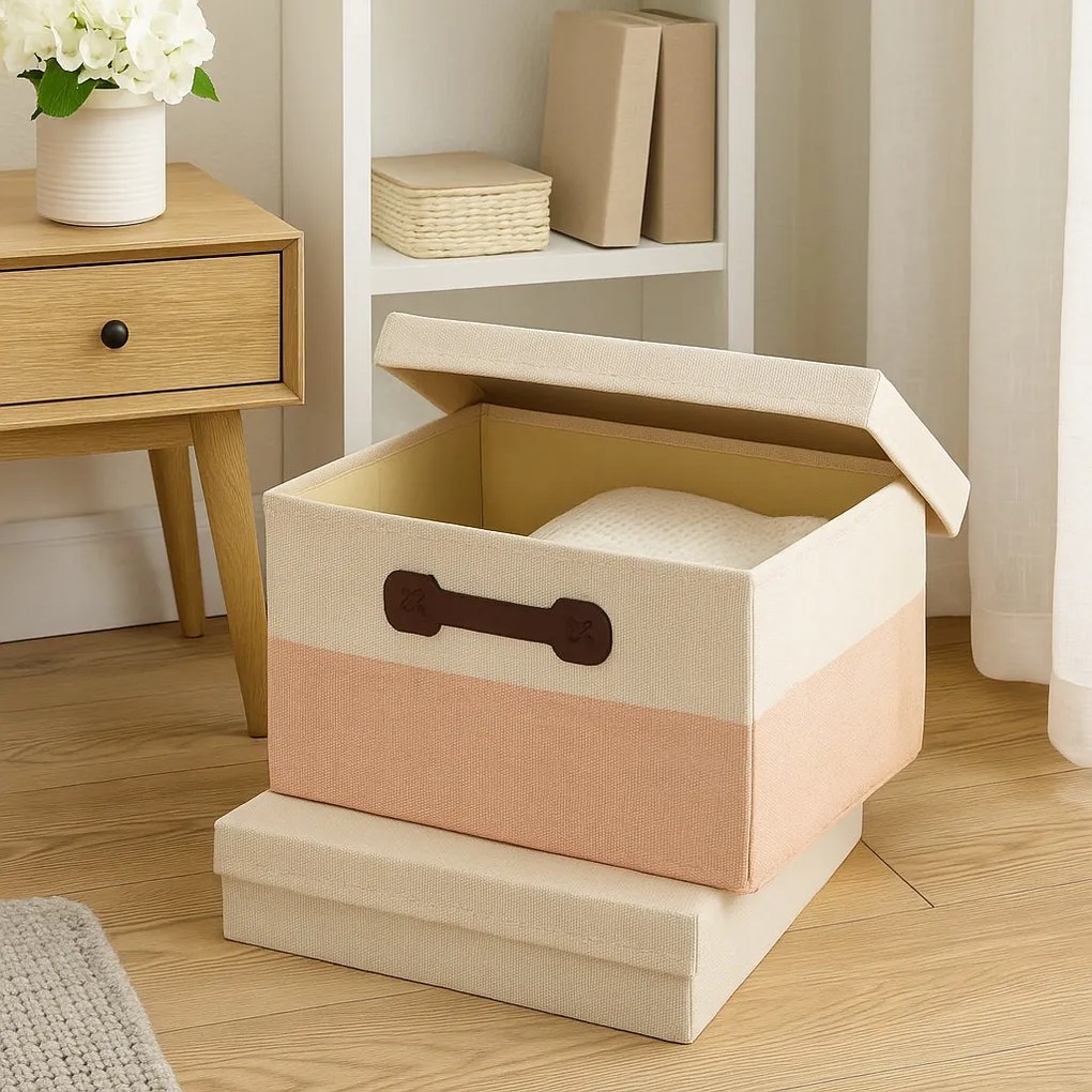 Organizer Tekstylny Różowy 46x36x28 cm Beżowy Pudełko z Pokrywą Dekoracyjny