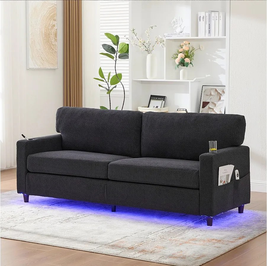 Nowoczesna sofa 2-osobowa - 203 x 77,5 x 85 cm - z USB-C + diodami LED + uchwytami na kubki i kieszeniami bocznymi - aksamitna - ciemnoszara