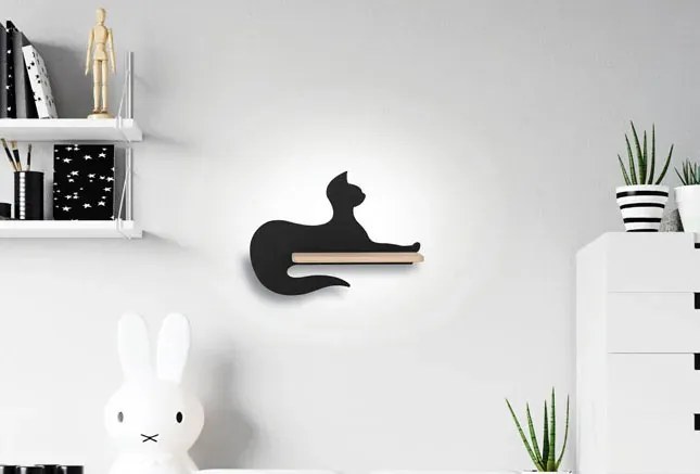 Czarna lampka led w kształcie kota z drewnianą półką - K003-Nuksi