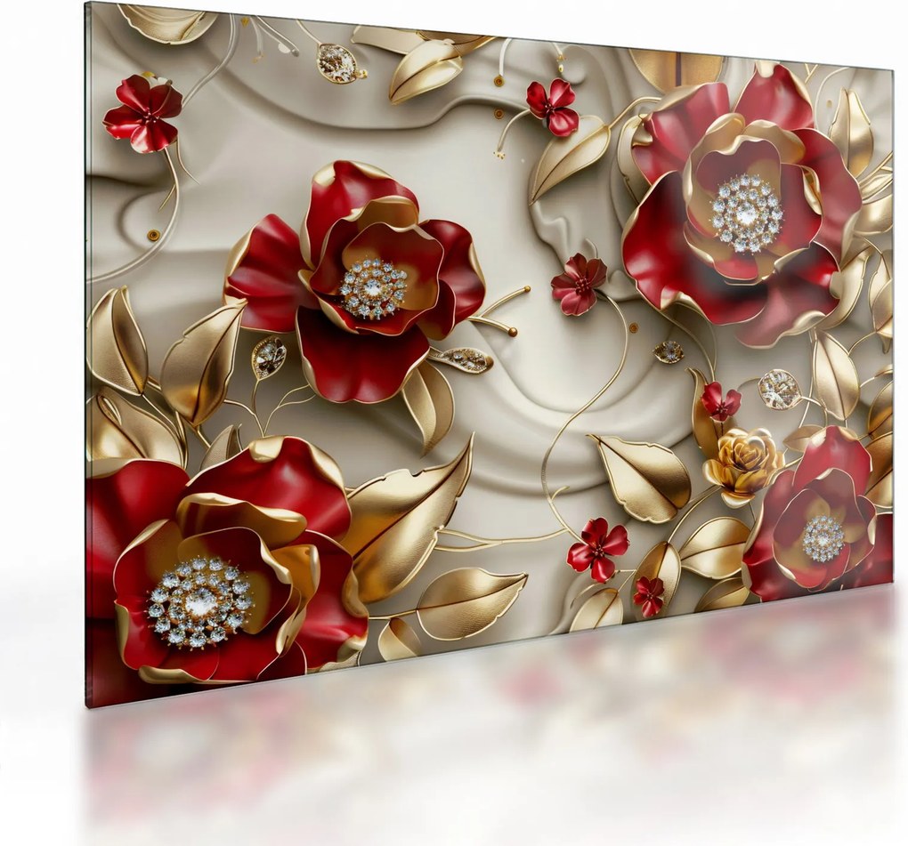 Obraz na szkle - 3D czerwono-złote kwiaty (70x50 cm)