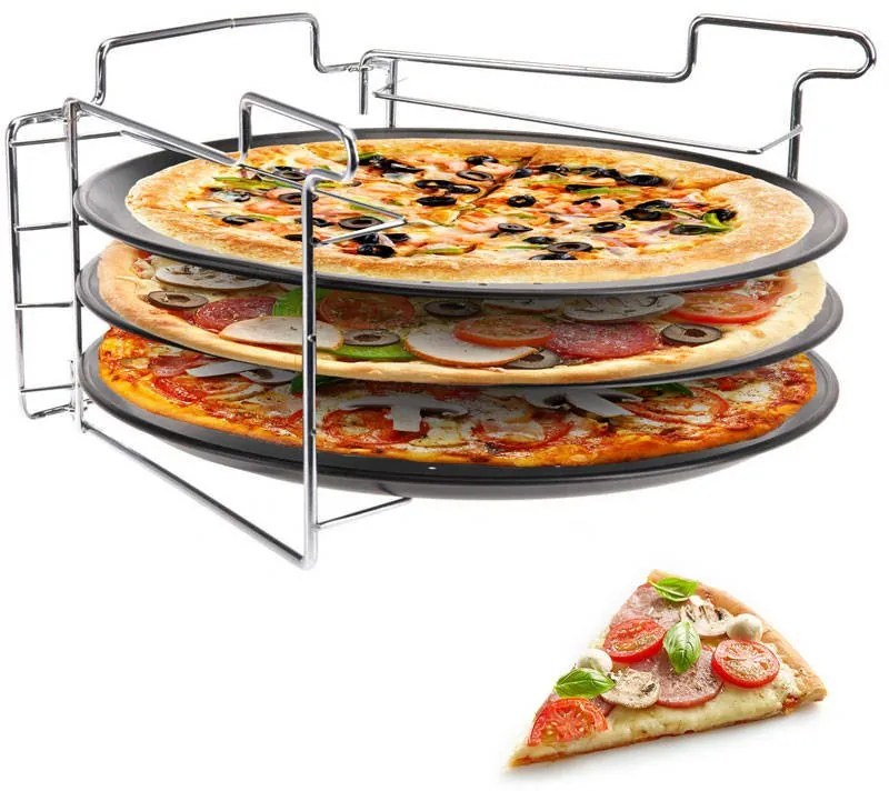 Zestaw do pieczenia pizzy: 3 metalowe blaszki + stojak