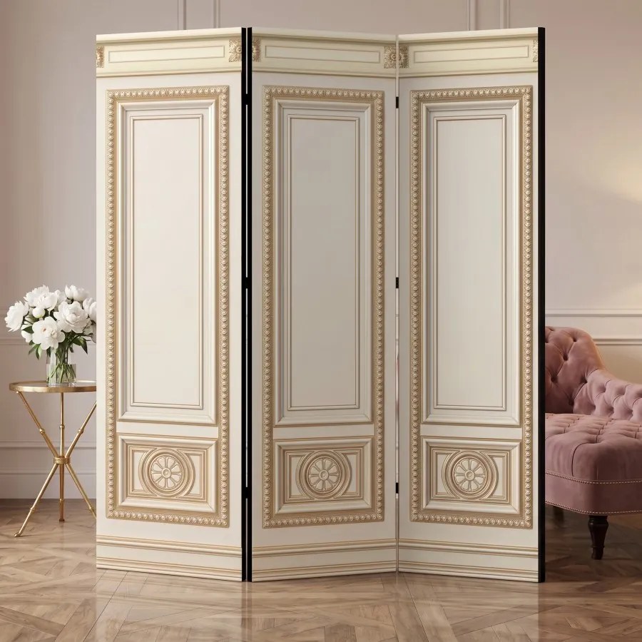 Parawan pokojowy 3-częściowy 135x172 Jednostronny dekoracyjny glamour Kremowy Pałacowa Boazeria Złoto