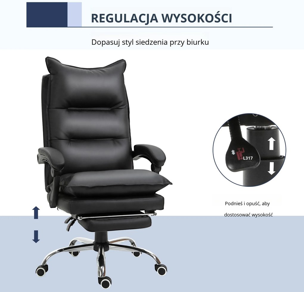 Vinsetto Krzesło biurowe z podnóżkiem ergonomiczne oparcie czarne ze sztucznej skóry | Aosom PL