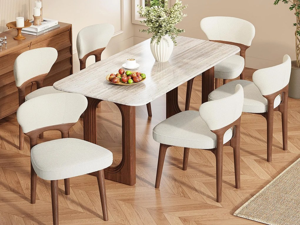 Zestaw 6 krzeseł - Konstrukcja z litego drewna - Pokrycie z weluru - Grube poduszki siedzeniowe i oparciowe - Jasnobeżowy