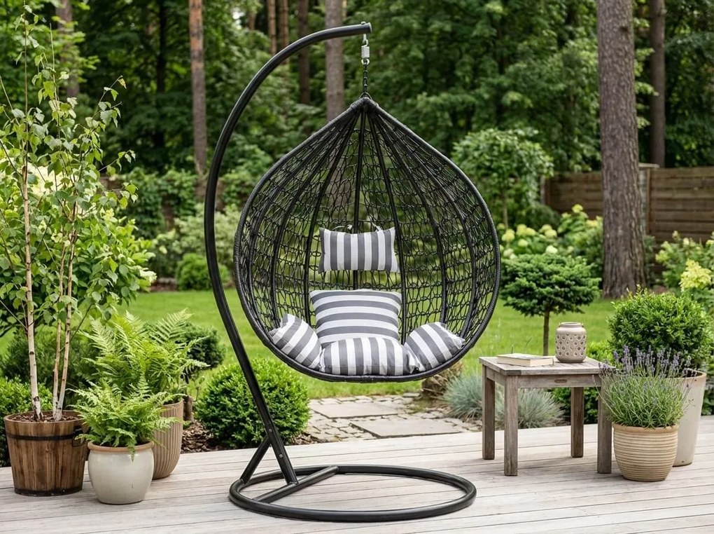 Czarne wiszące krzesło KOKON ze stojakiem, biało-szara poduszka