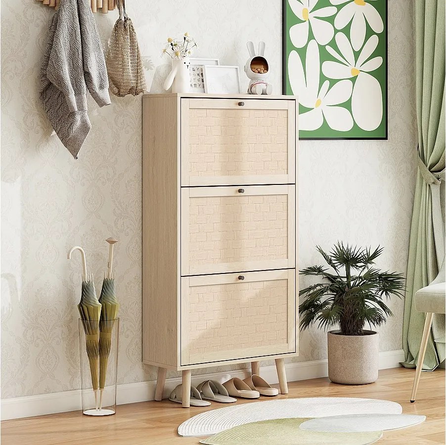 Naturalna szafka na buty z 3 uchylnymi drzwiami i czarnymi uchwytami – idealna do przedpokoju i korytarza