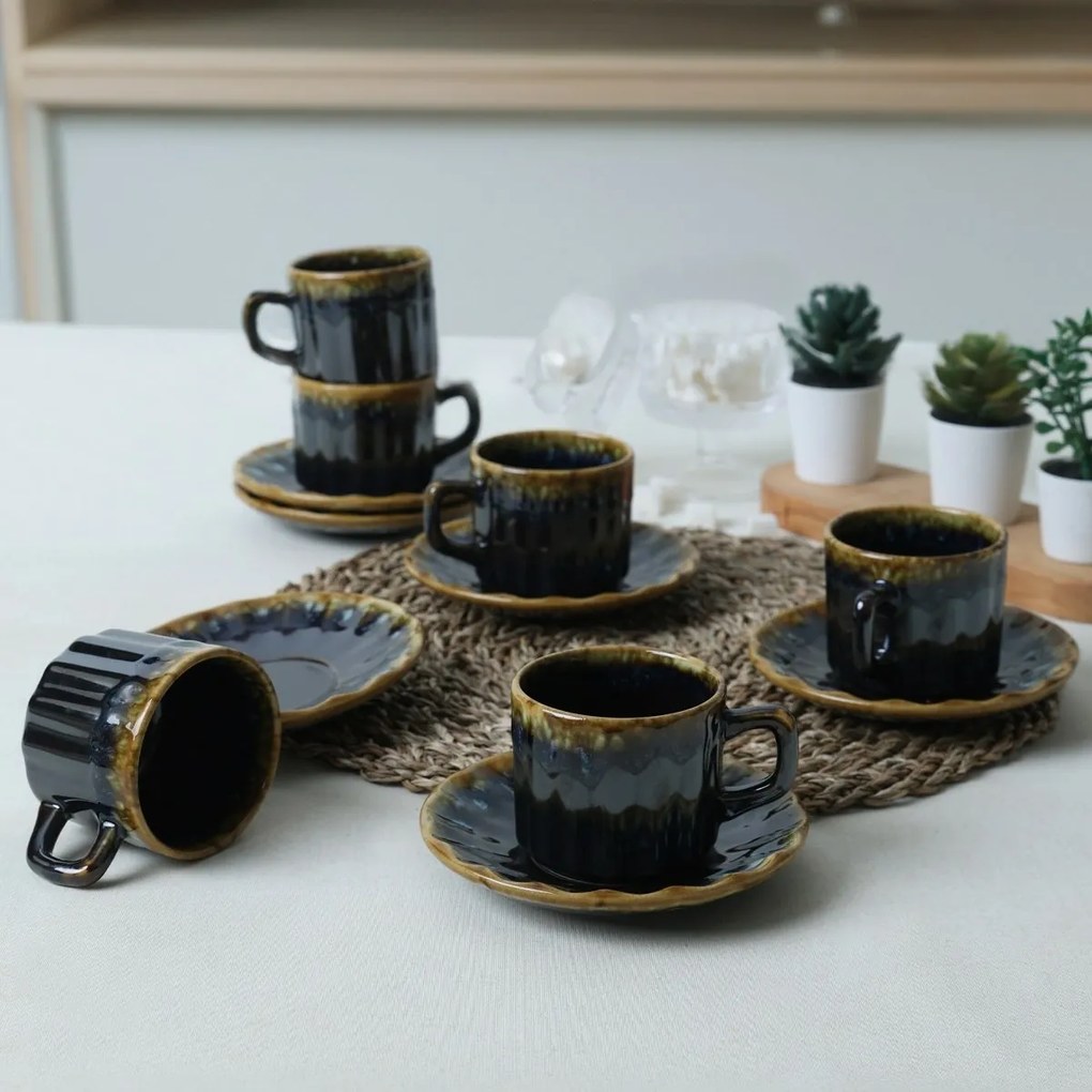 Zestaw 6 filiżanek z kamionki ze spodkami Elementa 185 ml, ciemnoniebieski