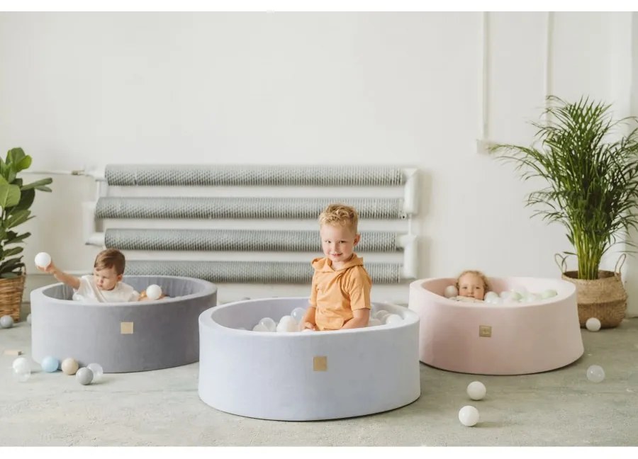 Okrągły suchy basen z piłeczkami 7cm dla dziecka, 90x30cm/200 piłek, bawełniany, jasnoszary, piłki: srebrne, szare, białe - meowbaby®