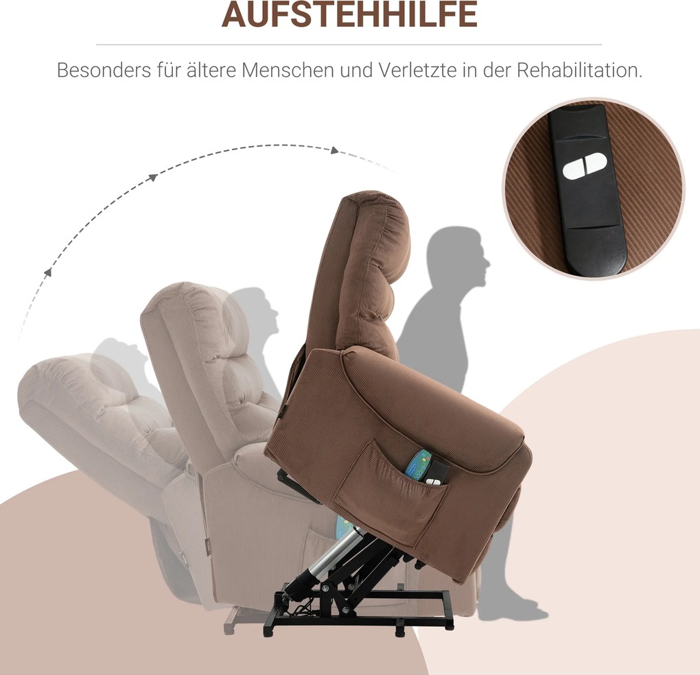HOMCOM Fotel telewizyjny z masażem i ogrzewaniem funkcja pomoc przy wstawaniu jasnobrązowy 79x97x103 cm | Aosom PL