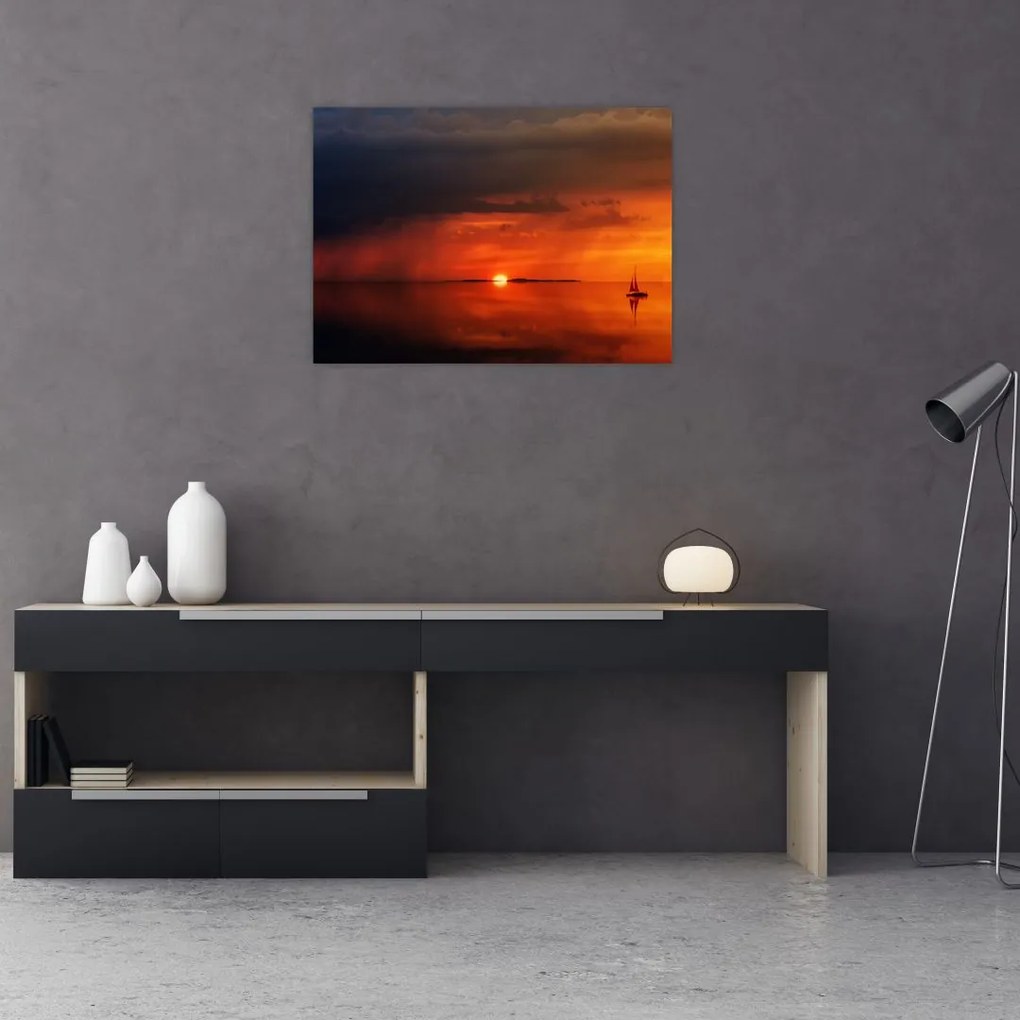 Obraz zachodu słońca z żaglówką (70x50 cm)