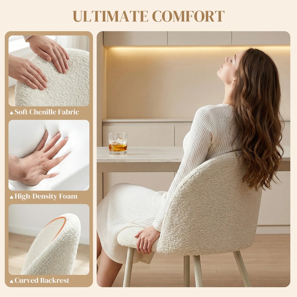 HOMCOM Krzesła do jadalni, krzesła kuchenne, miękkie tapicerowane chenille, 50,5 x 57,5 x 78,5 cm, kremowobiały | Aosom PL