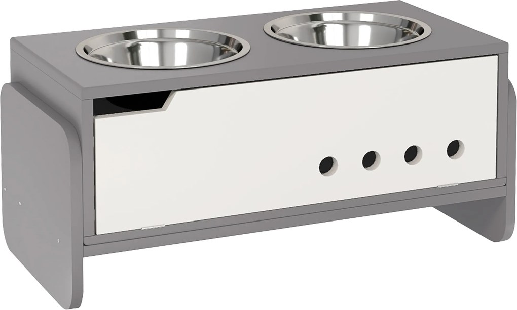 PawHut Podwyższona stacja karmienia dla psów, z miejscem na przechowywanie i matą przeciw połykaniu, 2 x 2000 ml miska ze stali nierdzewnej, szara