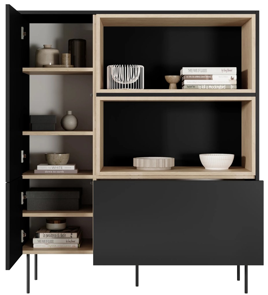 Komoda wysoka Desin 120 cm dwudrzwiowa z szufladą i wnękami - czarny mat / dąb nagano