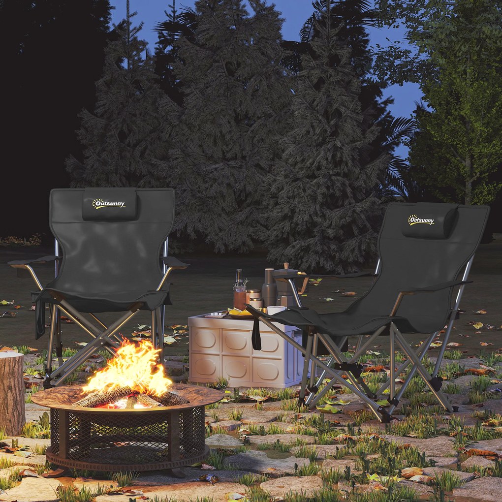 Outsunny Zestaw 2 składanych krzeseł kampingowych z odpinanym podnóżkiem, podgłówkiem i uchwytem na napoje, nośność 120 kg, Czarne