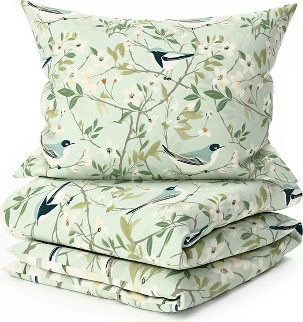 PrzytulneMieszkanie.pl PrzytulneMieszkanie.pl Bawełniana pościel FLORIBIRD POLY zielona Rozmiar pościeli: 2 szt 70 x 90 cm | 200 x 220 cm