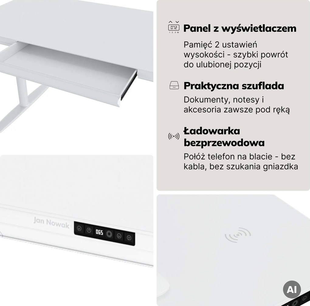 Biurko elektryczne sit-stand z szufladą i ładowarką bezprzewodową Qi białe, 1600 mm: ELLIS