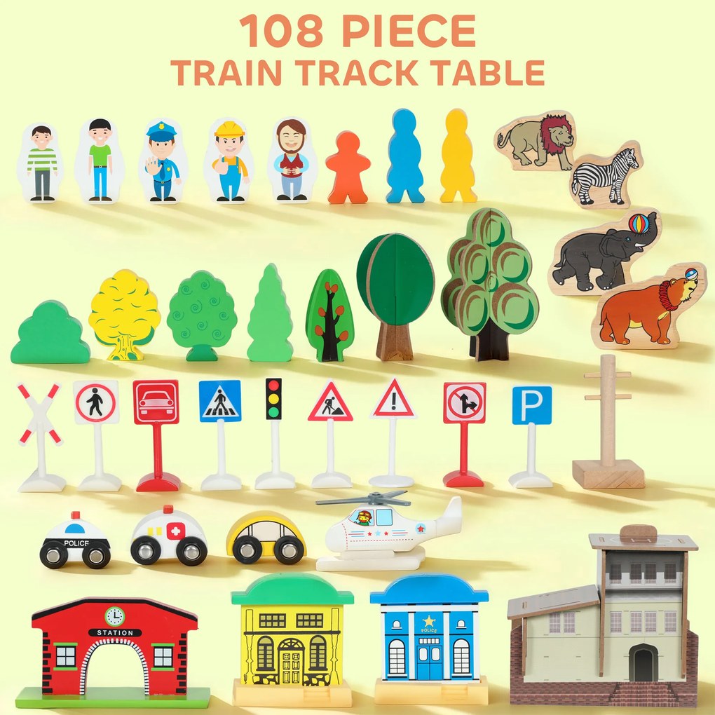 AIYAPLAY Stolik do zabawy, 108-elementowy zestaw kolejowy z drewna, z odłączaną płytą, stolik kolejowy, 98x60,5x40 cm, niebieski
