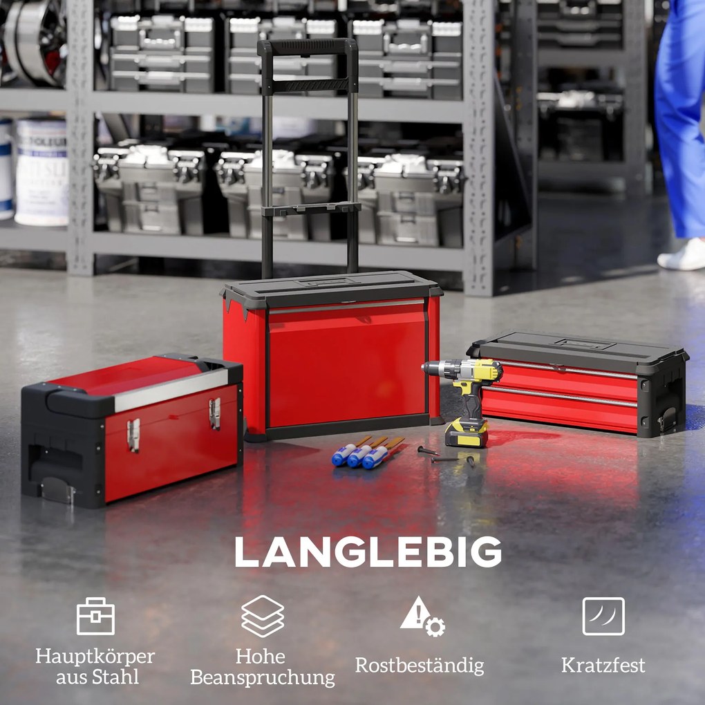 HOMCOM Zestaw 3-stopniowych skrzynek na narzędzia, na kołach, modułowe, stal/plastik