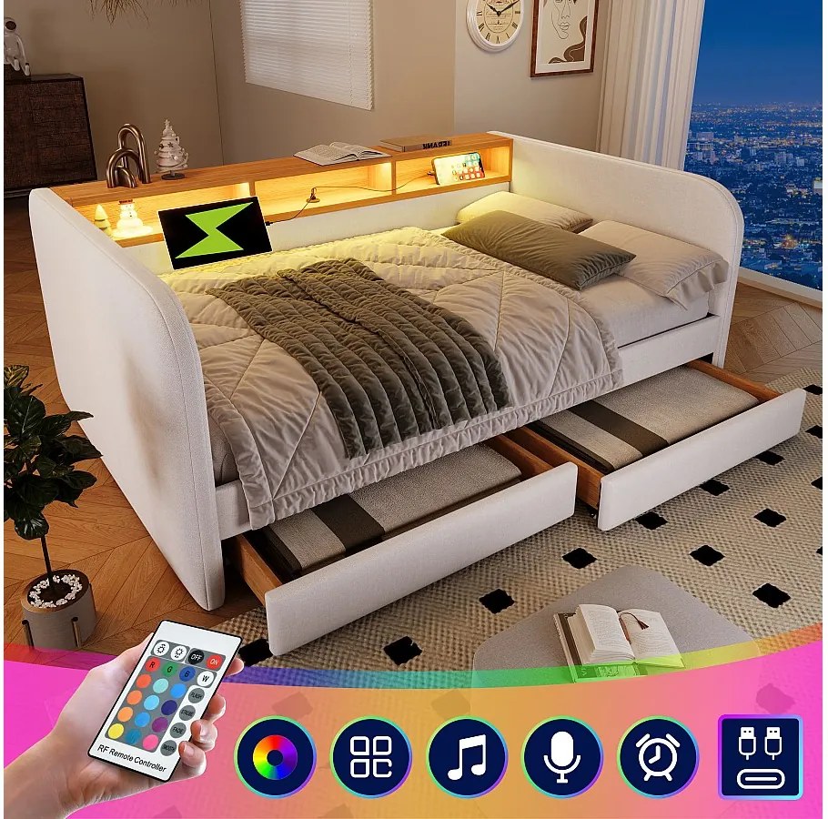 Łóżko tapicerowane 140 x 190 cm z 2 szufladami, rozkładana sofa - LED i ładowanie USB-C - Tkanina lniana - Beżowy (bez materaca)