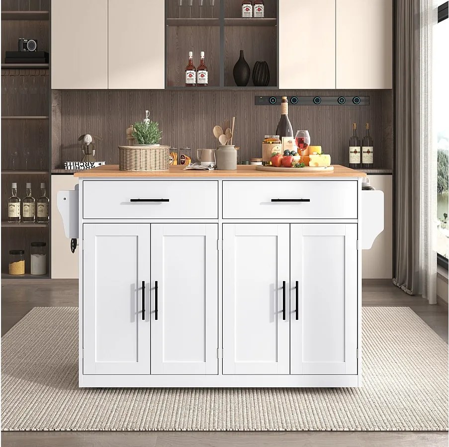 Biały wózek kuchenny - Wyspa kuchenna z kółkami i drewnianymi nogami - składany blat - 2 szuflady i 4 drzwi