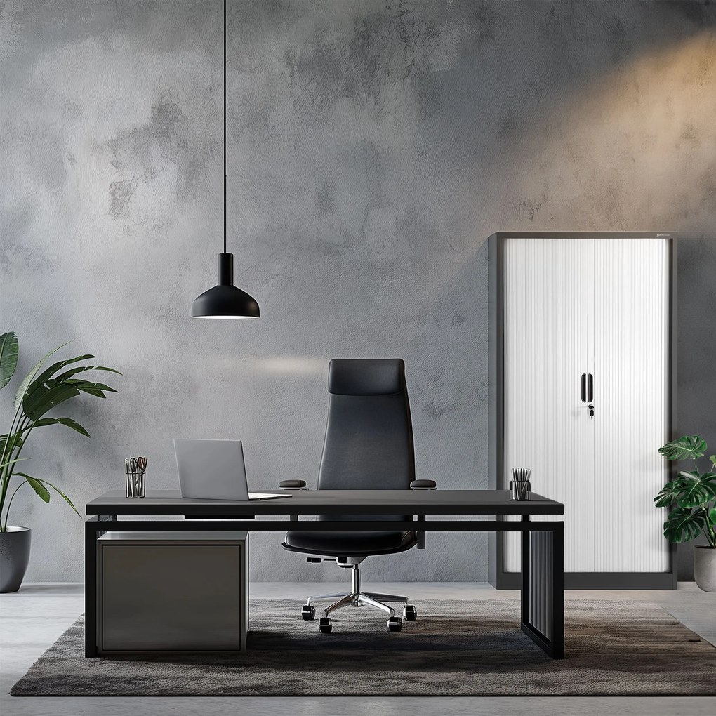 Metalowa szafa biurowa na akta z roletą DAMIAN, 900 x 1850 x 450 mm, antracytowo-biała